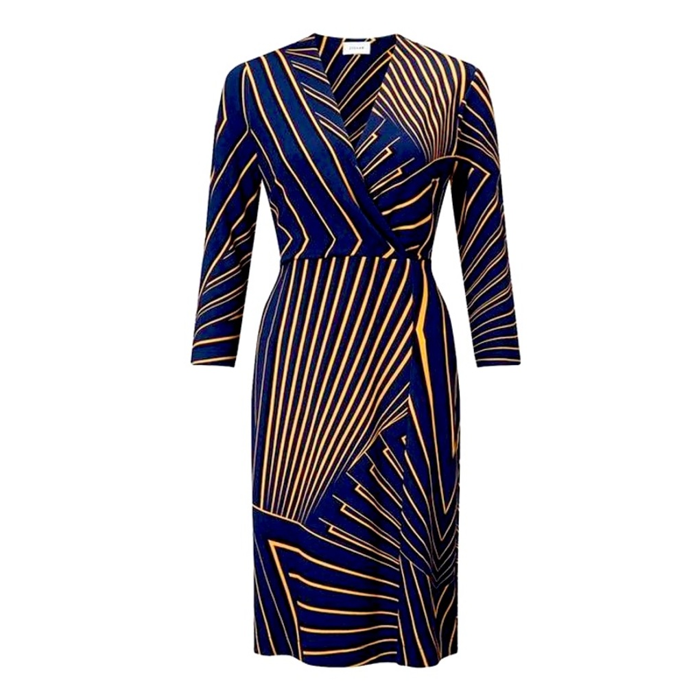 💙💛Jigsaw - Long sleeve, wrap midi dress, blue with black&yellow lines. Size 2